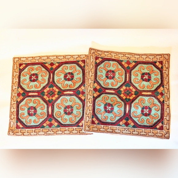 Kashmiri 2 wool pillow covers ethnic design Boho tribal red green hand made EUC - Picture 1 of 5